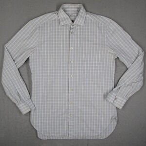 Kiton Napoli Mens Large Blue Brown Plaid Cotton Long Sleeve Button Down Shirt